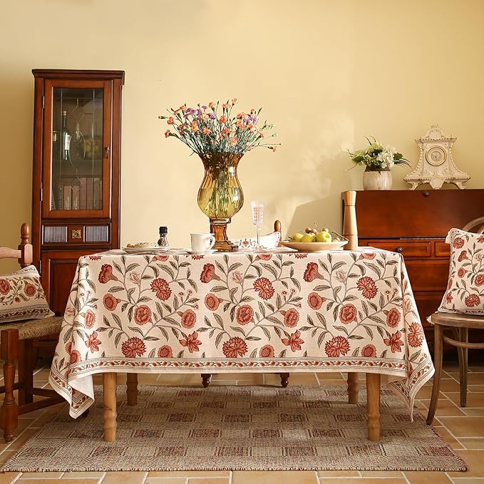 Floral Tablecloth for Square Tables,Linen Table Cloth with Orange Flowers and Green Leaves,Heavy Durable Table Cover for Dining Thanksgiving Kitchen Party Banquet Christmas,67"*67"