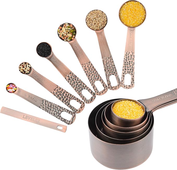 Smithcraft Copper Measuring Cups and Spoons Set 14, Stainless Steel Measuring Cups and Spoons for Baking&Kitchen, Metal Metric&US Dry&Liquid 5 Measure Cups & 6 Spoons with Leveler&Conversion Chart