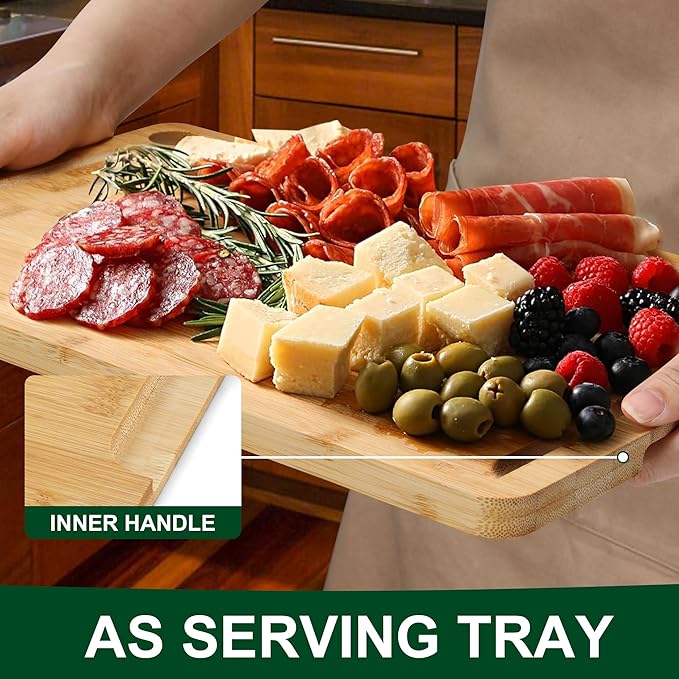 Bamboo Cutting Board Set of 3 - Durable Bamboo Cutting Boards with Deep Juice Grooves & Built-in Handles & Hanging Holes, Reversible Wooden Cutting Boards for Kitchen, Meat, Vegetables