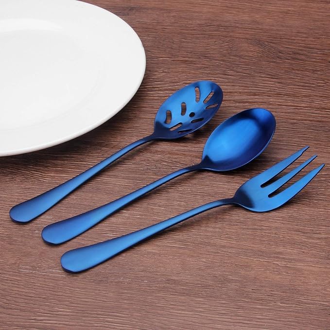 Matte Blue Serving Set, SHARECOOK 5-Piece 18/0 Stainless Steel Large Hostess Set with Round Edge, Satin Finished, Dishwasher Safe -Spoons, Forks,Butter Knife& Slotted Spoon