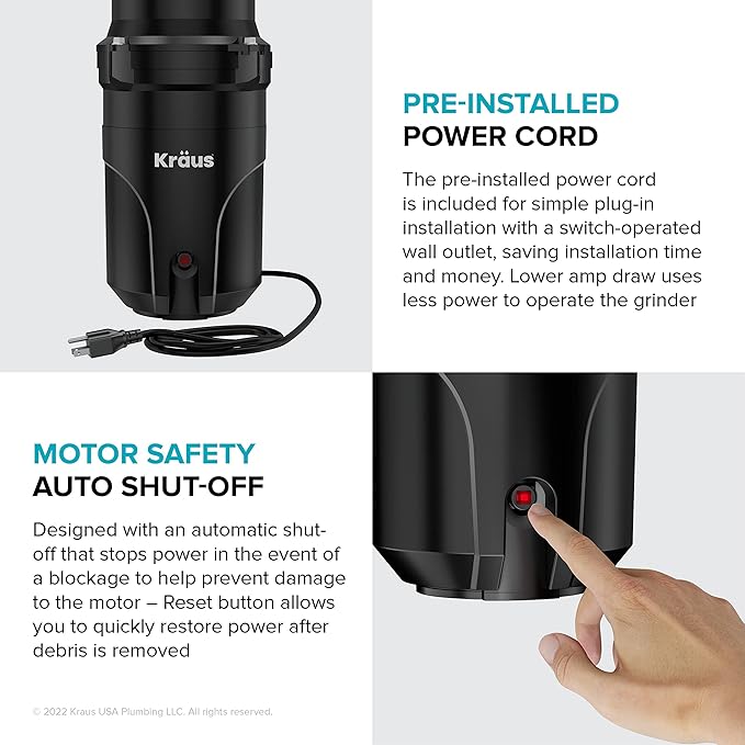 KRAUS WasteGuard 1/2 HP Continuous Feed Ultra-Quiet Motor Garbage Disposal with Quick Connect Mount, Power Cord and Flange Included, KWD110-50MBL