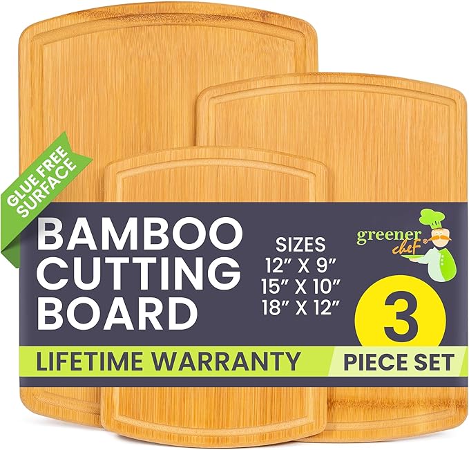 FSC® Certified Extra Large Bamboo Cutting Board Set of 3 – Featuring Glue-Free Surface™ Non Toxic Wood Cutting Boards for Safer Family Cooking and Lifetime Replacements for Peace of Mind