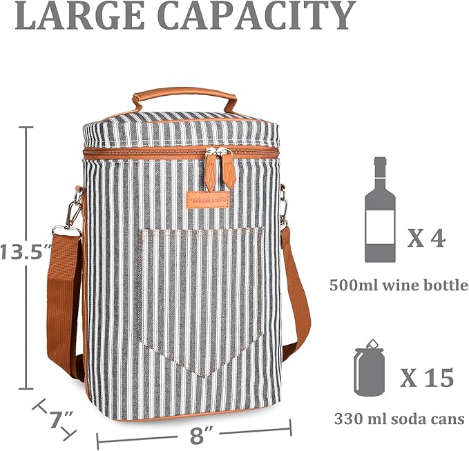 Tirrinia 4 Bottle Wine Gift carrier - Insulated & Padded Portable Versatile Wine Carrying Cooler Tote Bag for Travel, BYOB Restaurant, Wine Tasting, Party, Great Gift for Wine Lover, Black Stripe