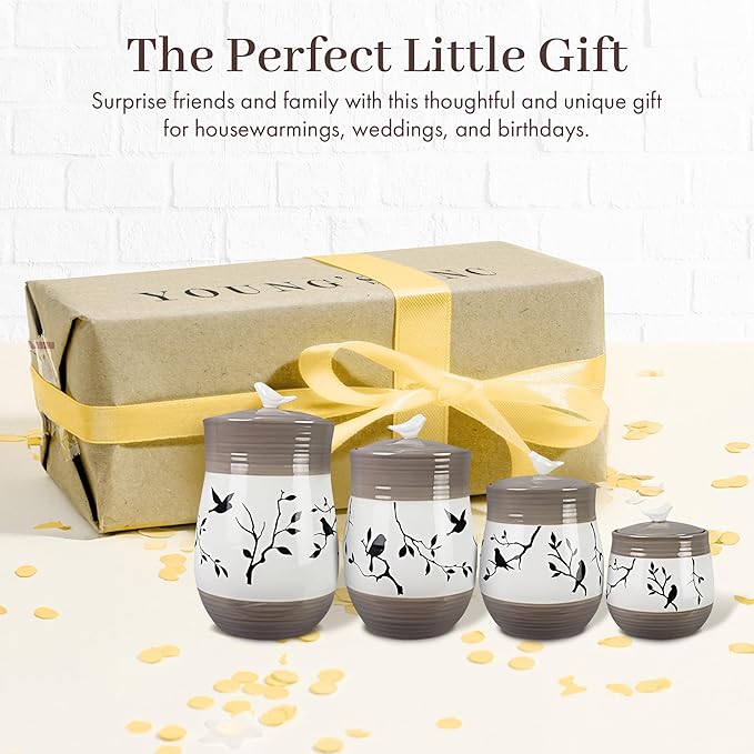 Young's Inc. 4 Pcs Set Cylindrical Ceramic Canisters- Storage Container for Kitchen and Bathroom - Beautiful Home Decor Accent to Store Food, Coffee, Tea, and More - White, Blue