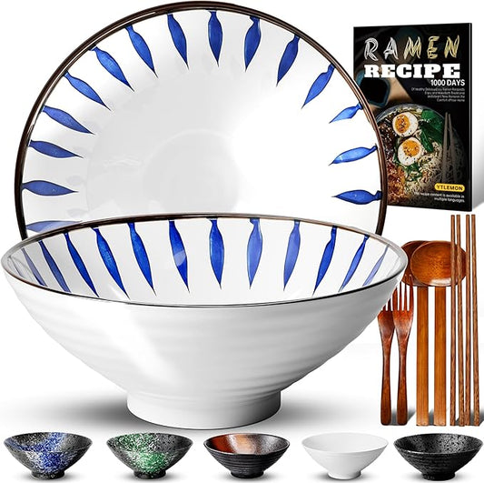 8-Inch Ceramic Ramen Bowl Set of 2 (9 Piece) - Porcelain Japanese Salad Noodles Cereal Fruit Pasta Soup Large Bowls with Recipes Chopsticks Forks Spoons for Men Women Gift Microwave & Dishwasher Safe