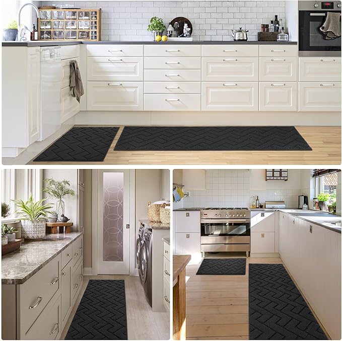 hicorfe Kitchen Rugs and Mats Sets,2 Pieces Super Absorbent Polypropylene Non-Slip Rug,Soft Comfort Floor Mat,Washable for Kitchen,Hallway,Office,Sink,Laundry(24" x 35"+24" x 71",Charcoal)