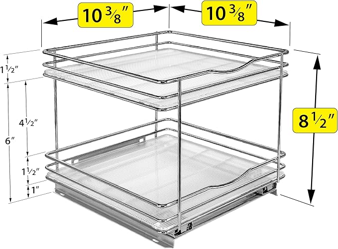 LYNK PROFESSIONAL® Pull Out Spice Rack Organizer for Inside Kitchen Cabinets - 10-3/8 inch Wide - Slide Out Drawer – Chrome Sliding Spice Cabinet Organization Shelf Racks - 2 Tier