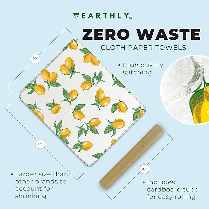 Reusable Paper Towels - 10 Pack - Roll of Washable Cotton Cloth Paper Towels - Paperless Reusable Napkins Cloth Washable - Absorbent + Long Lasting - Zero Waste Products - (Lemon)