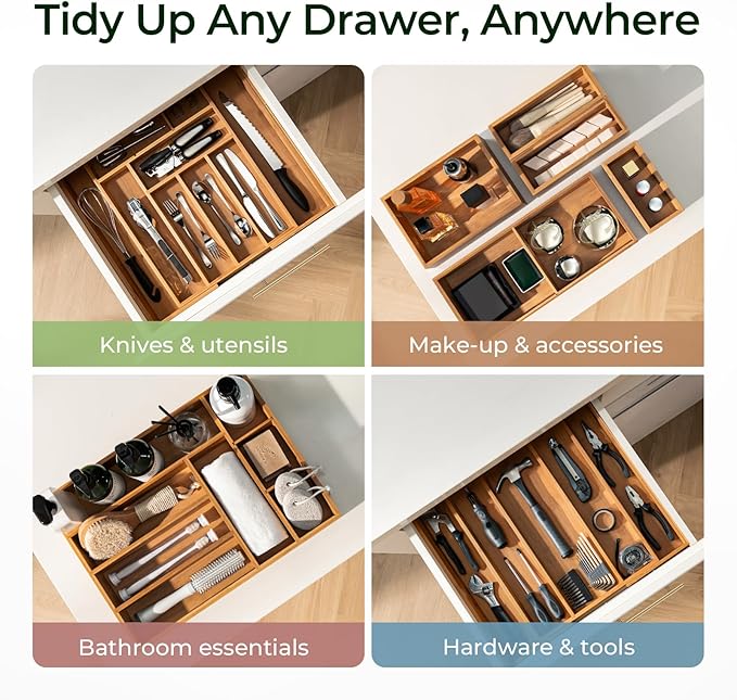 Carbonized Bamboo Kitchen Drawer Organizer, 5 Slots Expandable Silverware Organizer, Utensil Holder & Cutlery Tray, 2.2" Deep for Extra Capacity, Non-Slip Feet Included