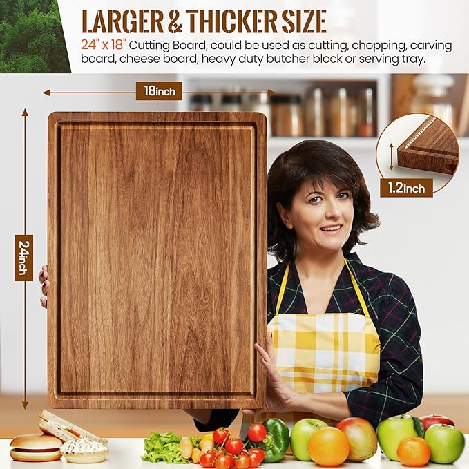 XX-Large Acacia Wood Cutting Board for Kitchen, 24x18x1.2 Inch Reversible Wooden Chopping Board Thick Charcuterie Board with Juice Grooves and Handle for Meat, Cheese, Vegetables, Fruits, Bread