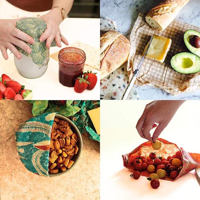 Beeswax Wraps for Food - The Kitchen Collection - Organic Cotton Beeswax Wrap - Reusable Beeswax Food Wrap - Plastic Wrap/Sandwich Bags Alternative - 4 Pack, S, M, L & XL