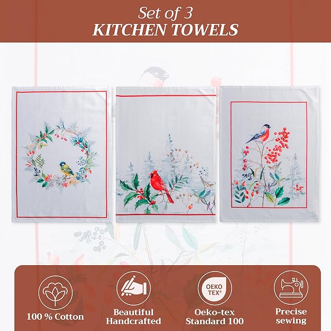 Maison d' Hermine Kitchen Towels Set of 3 100% Cotton 20" x 27.5" Reusable Cloth Tea Dish Towels Absorbent with Hanging Loop for Kitchen Dining Thanksgiving Christmas Decorations (Morzine)