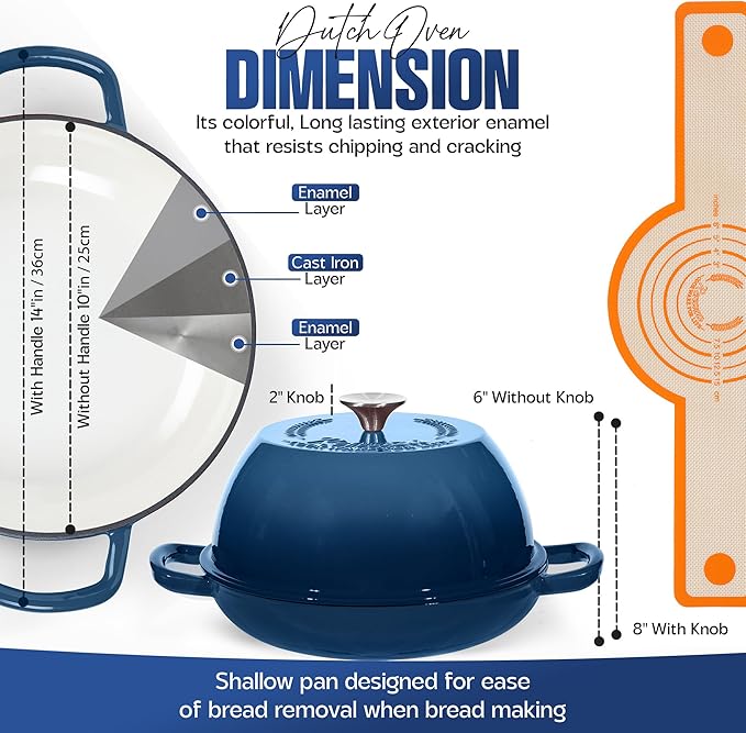 Enameled Cast Iron Dutch Oven Pot with Lid - Dutch Oven for Sourdough Bread Baking - With 5 Blade Bread Lame & Non-Stick Silicone Sling perfect for Sourdough Breads & more. Cast Iton Enamel Braiser Pan with Lid (BLUE, 6 Quart Sourdough Pot)