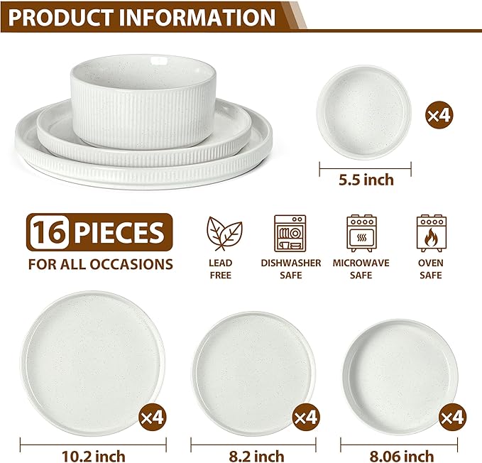 LIANYU Dinnerware Sets with Pasta Bowls for 4, 16 Piece Stoneware Plates and Bowls Set, Ribbed Dishes Dishware for Home Kitchen, Microwave and Dishwasher Safe, Speckled White