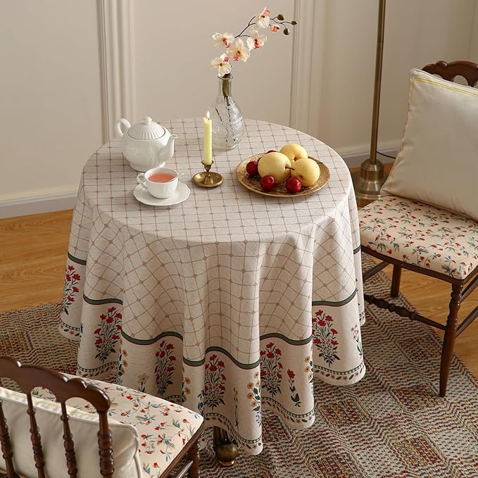 Floral Tablecloth for Round Tables,Linen Table Cloth with Colorful Flowers Pattern,Heavy Durable Table Cover for Dining Thanksgiving Kitchen Decor Party Christmas,Diameter 67"