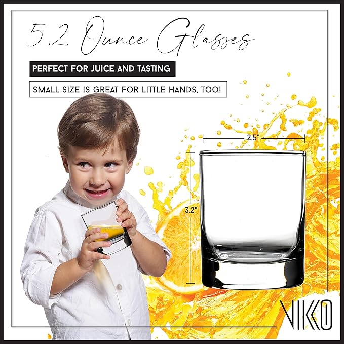 Vikko SMALL 5 Ounce Juice Glass, Set of 6 Mini Glass Cups, Heavy Base Tasting Glasses, Dishwasher Safe