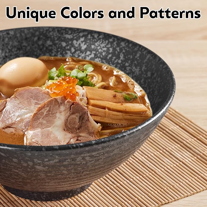 40 OZ ceramic ramen bowls, 8 IN large Japanese noodle soup bowl, match chopsticks and spoons, suitable for Pho, Udon Asian noodles (Black color)