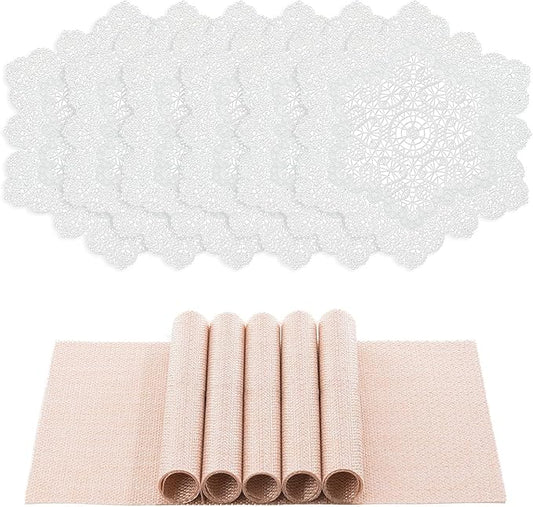 BACKTOEDEN Placemats Set of 6 Heat Resistant Washable Wipeable Placemat Woven Non-Slip Foldable Vinyl/Plastic Place Mats Indoor/Outdoor Mat Kitchen Dining Table Pad, White Snowflake & Pink