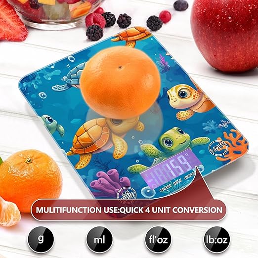 Blue Turtles and Corals Food Scale Kitchen Digital Scale Food Ounces and Grams Dieting Baking Cooking Waterproof Glass Panels LCD Display,4 Units Tare Function
