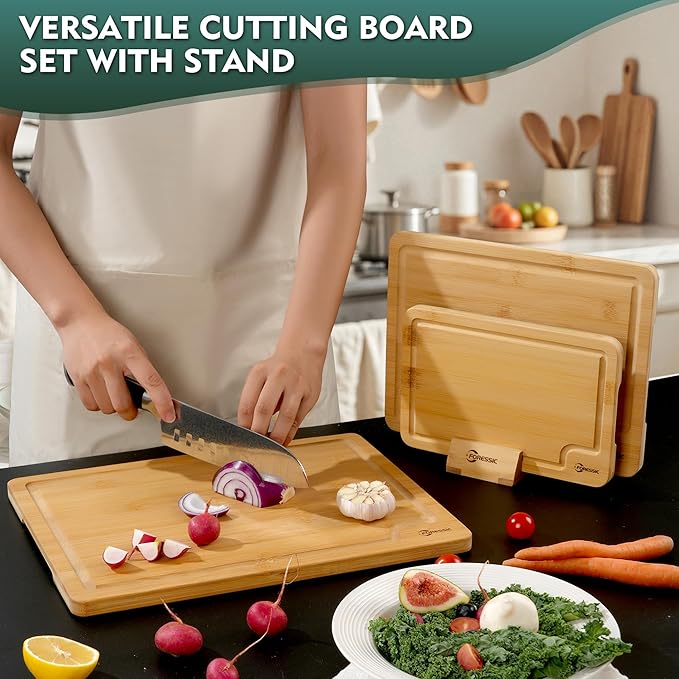 Bamboo Cutting Board, Durable Wood Cutting Boards for Kitchen Set 3 Packs with Non Slip Feet Holder and Over Sink Solid Thick Reversible Large Big Small Vegetables Fruits Kitchen Gifts (Natural)