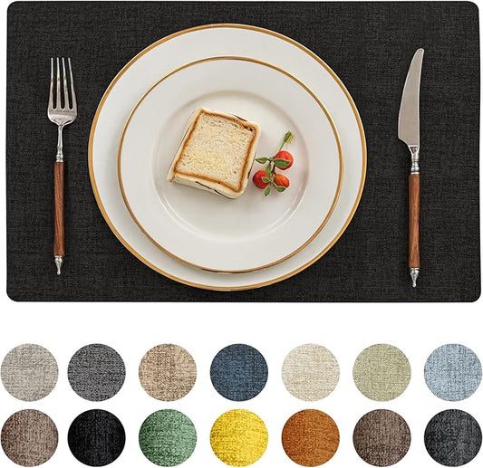 Romanstile Reversible Vinyl Placemats Set of 6, Faux Leather 100% Waterproof Oil-Proof Wipeable Place Mats, Heat Resistant Dual Sided Table Mats for Kitchen/Dining/Party (Black, 12 x 18 Inch)