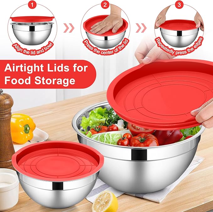 LIANYU 6 Pack Stainless Steel Mixing Bowls with Lids Sets, Large Size 7, 3.5, 2.5, 2, 1.5, 1QT, Metal Nesting Salad Bowl, Ideal for Kitchen Prepping, Cooking, Freezer Storage, Dishwasher Safe, Red