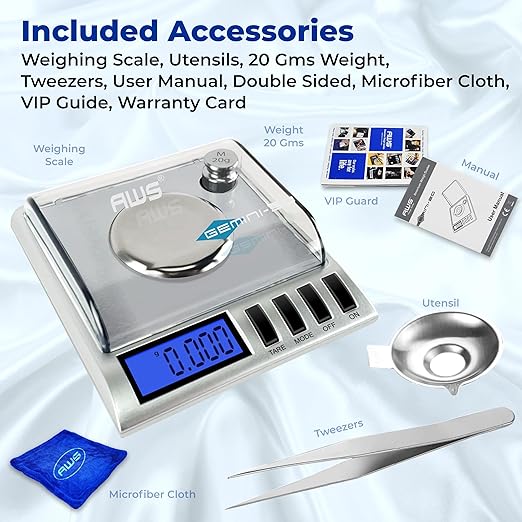 AWS Gemini-50 Milligram Scale 50g x 0.001g – Digital Jewelry/Lab Scale for Powder, Gold, Gems – Includes Calibration Weights, Tweezers & Tray – Tare, Cal, 6 Units, Pocket Size Mg Scale (Silver)
