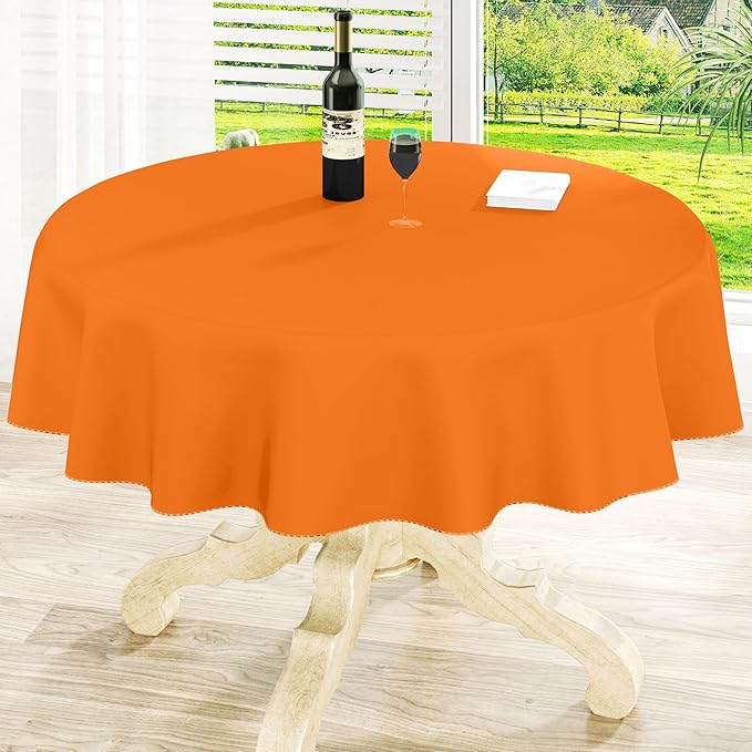 homing Round Vinyl Tablecloth, Waterproof Spillproof Plastic Flannel Backed Table Cloth, Wipe Clean Table Cover for Dining, Buffet Parties and Camping (Orange, 60")