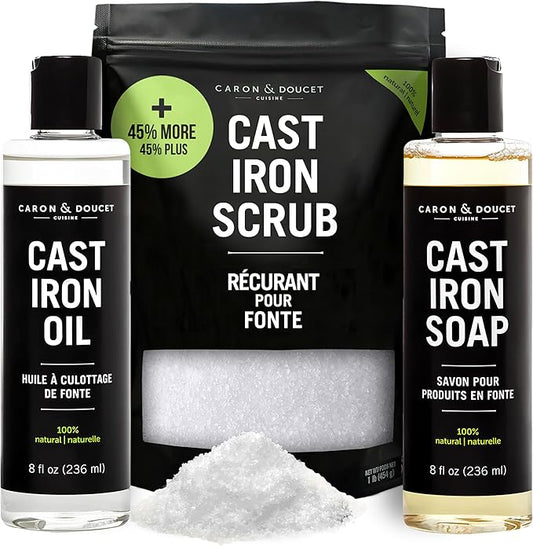 CARON & DOUCET – New Ultimate Cast Iron Set: Seasoning Oil, Cleaning Soap & Restoring Scrub | 100% Plant-Based & Best for Cleaning Care, Washing, Restoring & Seasoning Skillets, Pans & Grills!