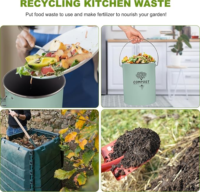 Kitchen Countertop Compost Bin, Odor Resistant Indoor Compost Bin with Lid and Charcoal Filter, Rust Resistant Coated Compost Bucket, Compost Container, Mint