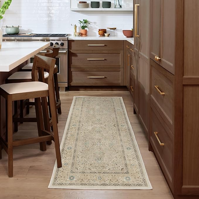 RUGGABLE Washable Vintage Runner Rug – Kamran Ivory Opal 2.5x7, Stain-Resistant, Non-Slip Hallway Runner – Machine Washable Rug for Hallway, Entryway, Living Room & Kitchen–with Cushioned Pad
