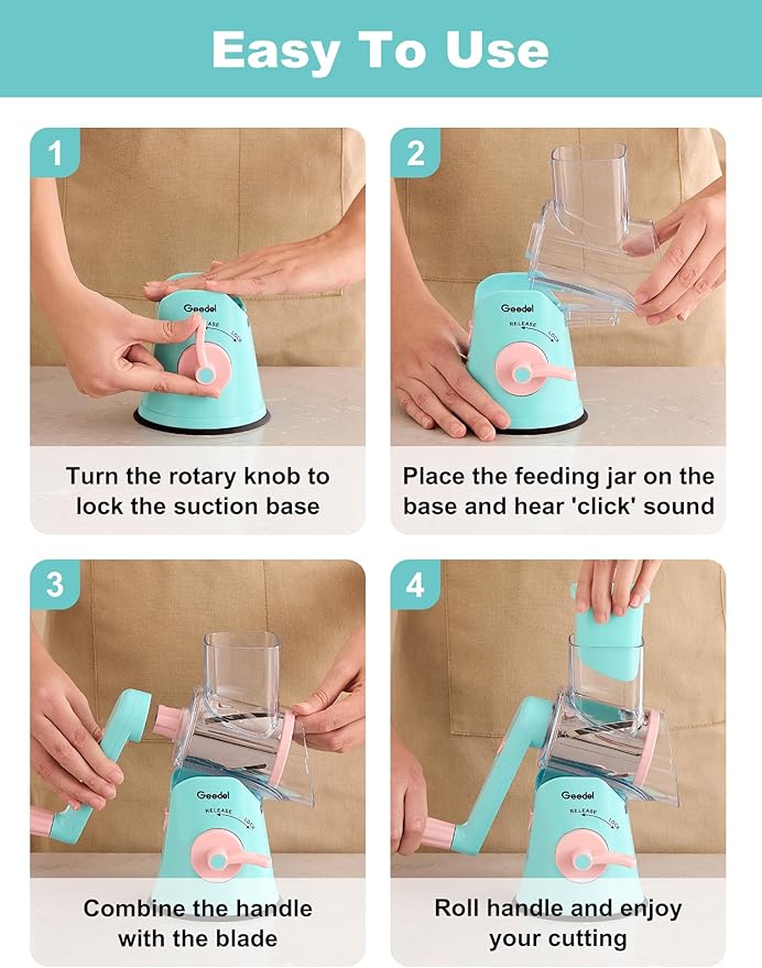 Geedel Rotary Cheese Grater Cheese Shredder - Upgraded 5-in-1 Cheese Grater with Handle and Strong Suction Base, Multi-purpose Vegetable Slicer Ice Shaver Nuts Grinder for Ice, Vegetables, Fruit, Nuts