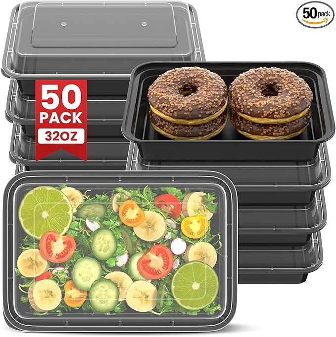 32oz Meal Prep Containers [50-Pack], Reusable Bento Box with Easy-Snap Leakproof Lids - Microwave, Dishwasher & Freezer Safe Food Storage, BPA-Free Plastic Lunch Containers (Black)
