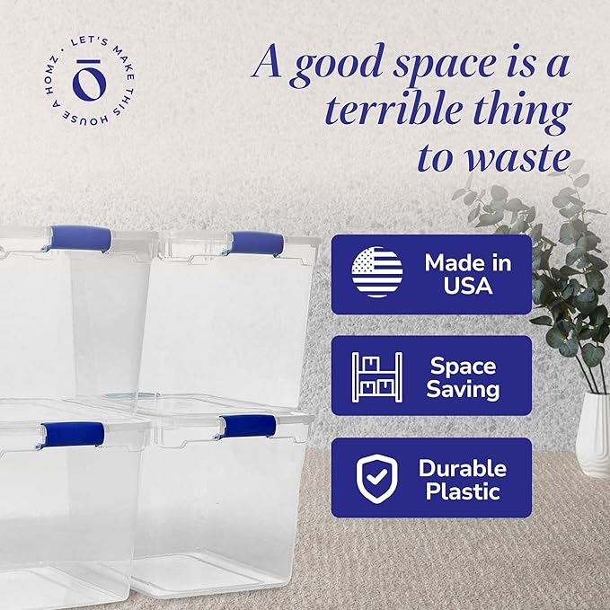 HOMZ 4-Pack Latching Lid, Large Clear Plastic Storage Bins with Lids, 31 Quart, Blue Latch - Stackable Container Boxes for Home, Bathroom, and Office Organization