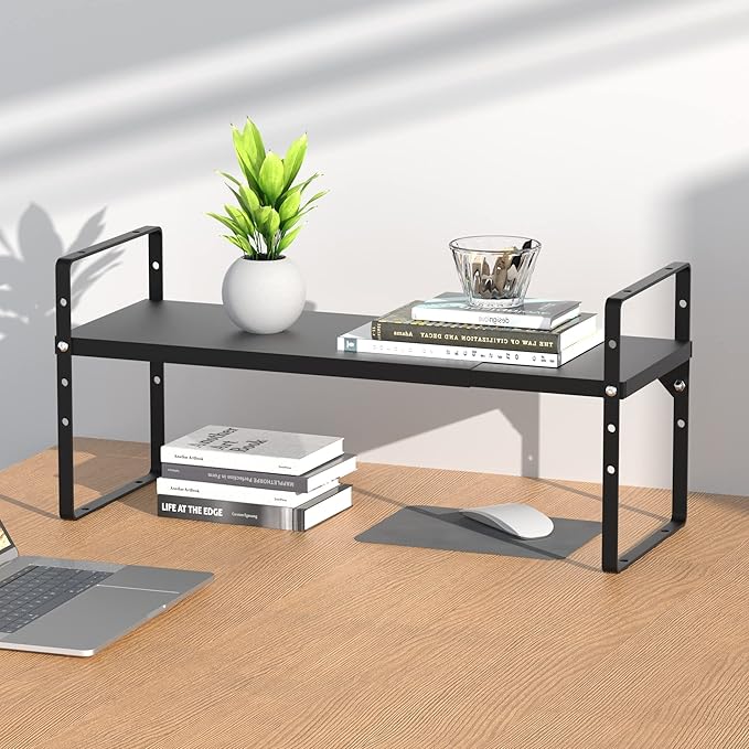 Redrubbit Large Expandable Cabinet Shelf Organizers, Stackable Kitchen Counter Shelves Spice Rack for Kitchen Bathroom Pantry Cupboard Desk Home Office, Black-2 Pack