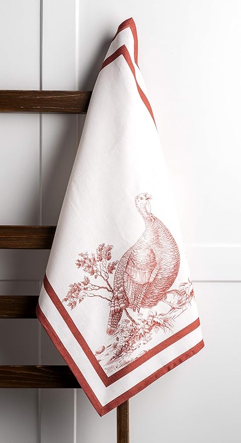 Maison d' Hermine Kitchen Towels Set of 3 100% Cotton 20" x 27.5" Reusable Cloth Tea Dish Towels Absorbent with Hanging Loop for Kitchen Dining Thanksgiving Christmas Decorations (Holy Jouy - Red)