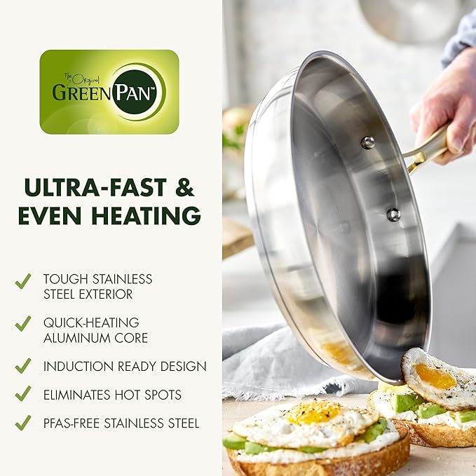 GreenPan11 Piece Stainless Steel Cookware Set, Induction Ready, Measurement Markings, Dishwasher & Oven Safe 600F, Pots & Pans, Sauce, Saute, Frying Pans, Gold