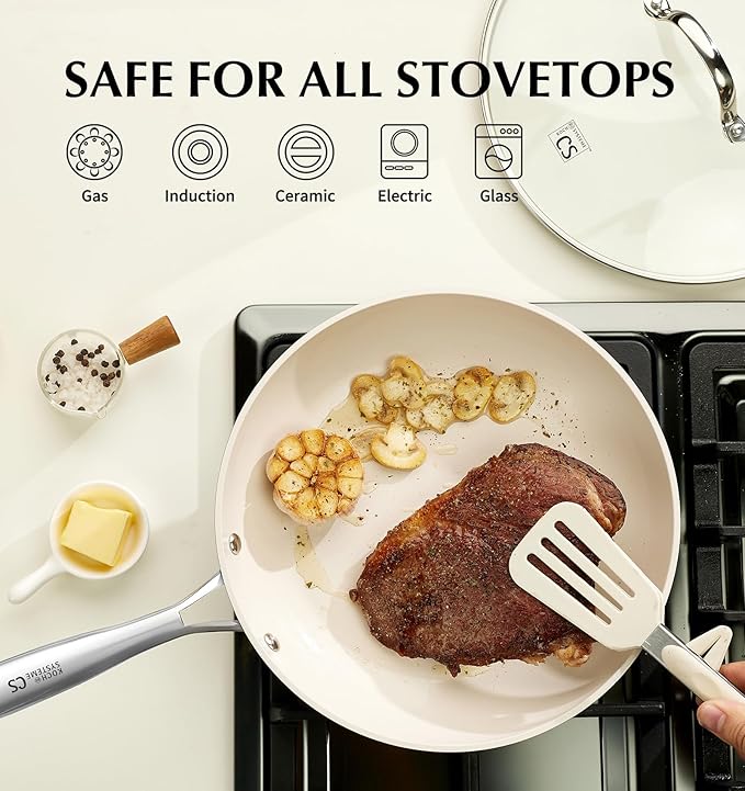 KOCH SYSTEME CS Nonstick Frying Pan with Lid, 10 Inch Non Stick Skillet with Stay-Cool Stainless Steel Handle, Omelet Pan with Nonstick Ceramic Coating, PFOA Free, Dishwasher & Oven Safe, Blue