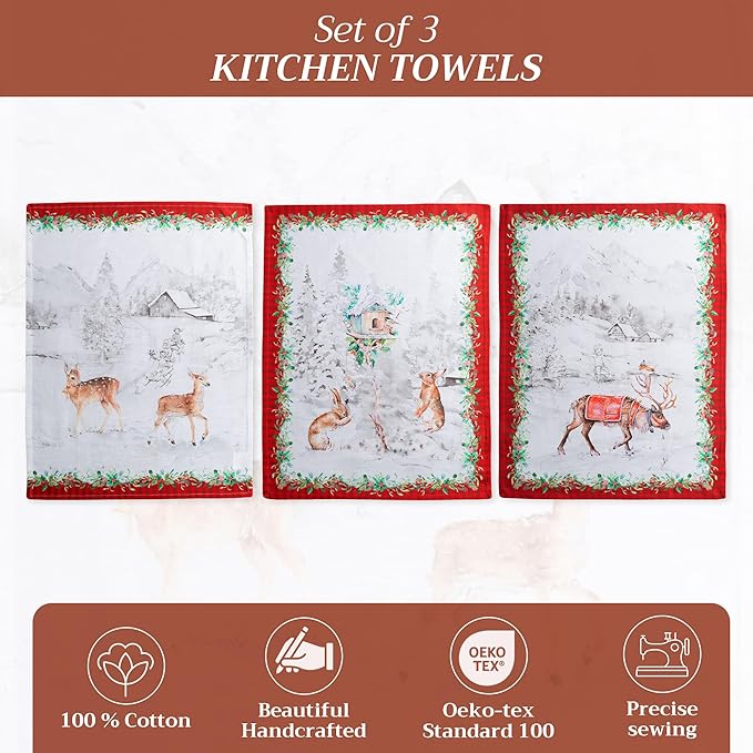 Maison d' Hermine Kitchen Towels Set of 3 100% Cotton 20" x 27.5" Reusable Cloth Tea Dish Towels Absorbent with Hanging Loop for Kitchen Dining Thanksgiving Christmas Decorations (Christmas Tradition)