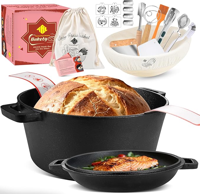 ARC 5QT Cast Iron Dutch Oven for Bread Baking with Skillet Lid, Sourdough Bread Baking Supplies Kit inc. Proofing Basket & Lame, Dutch Oven Pot for Sourdough, Braising, Frying, Bread Oven