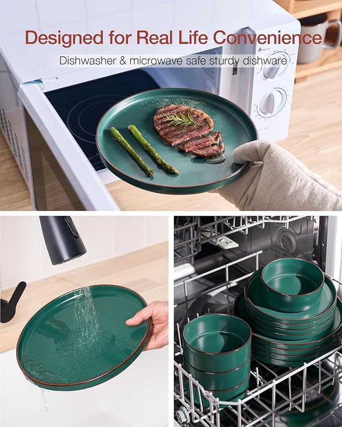 Famiware Nebula Ridge Stoneware Dinnerware Sets for 6, Plates and Bowls Sets, 18 Pieces Dishes Set, Microwave and Dishwasher Safe Kitchen Plates, Dark Green