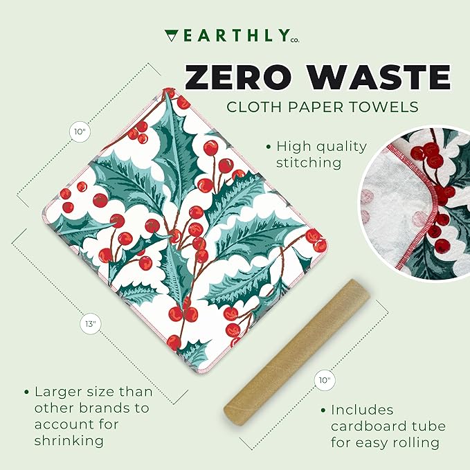 Reusable Paper Towels - 10 Pack - Roll of Washable Cotton Cloth Paper Towels - Paperless Reusable Napkins Cloth Washable - Absorbent + Long Lasting - Zero Waste Products - (Holly Jolly)