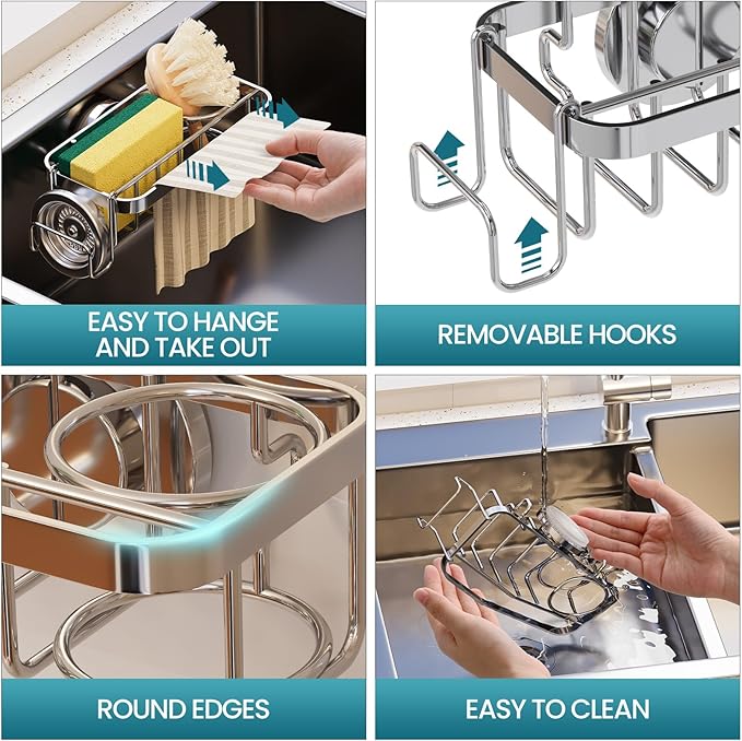 TAILI 4-in-1 Rustproof Sink Caddy & Sponge Holder with Removable Strong Suction Cup for Kitchen Sink - Silver