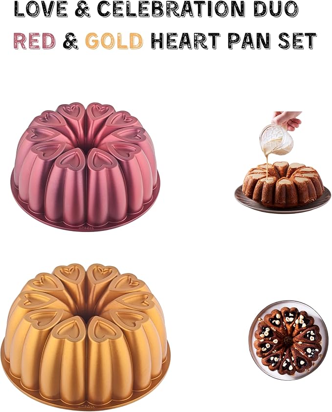 Heart Shape Aluminum Cake Pan, Titanium Coating, Non-Stick, 12 Cups, Gifts for Mom, 10 Inch Baking Mold, Cast Aluminum Fluted Tube Pan, Easy to Clean (2-Pack, Red-Gold)