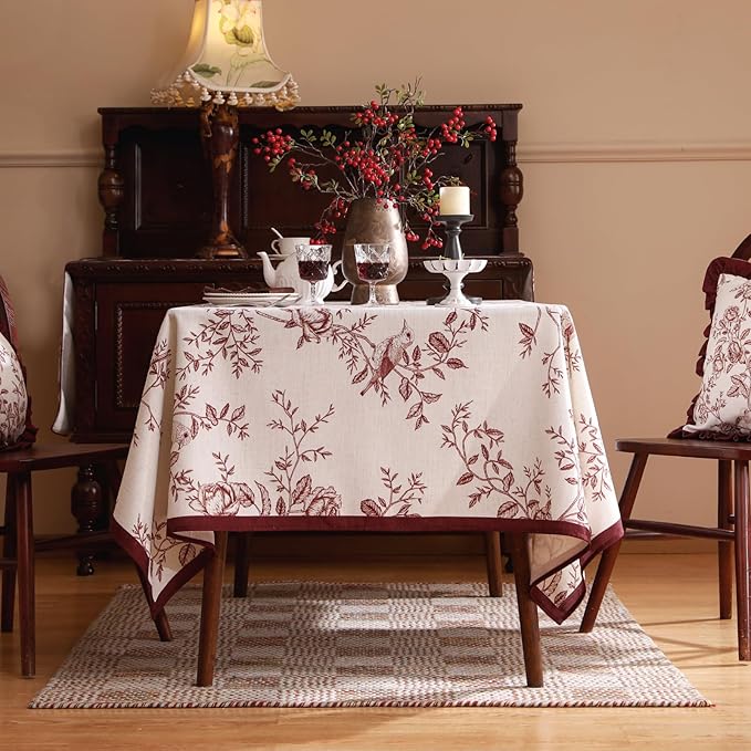 Vintage Rectangle Tablecloth, Linen Table Cloth with Dark Red Floral Leaves and Birds Pattern, Heavy Durable Table Cover for Dining Kitchen Decor Party Christmas, 55" * 79"