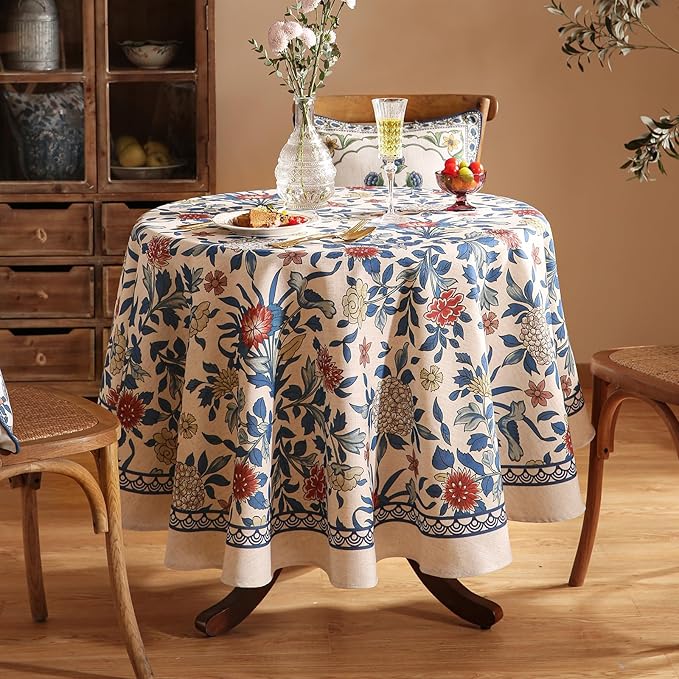 patdrea Designer Blue Tablecloth for Round Tables,Vintage Linen with Leaves and Flowers Pattern Tablecloths,Farmhouse Floral Table Cover Cloth Decor for Kitchen Dining Christmas,Diameter 55"