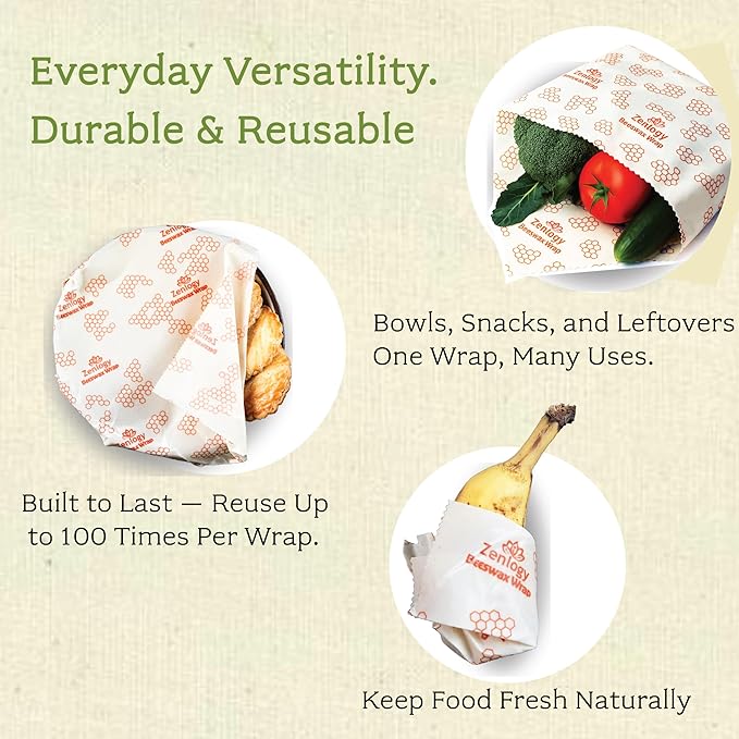 Zenlogy Reusable Beeswax Food Storage Wrap, Eco Friendly Alternative, Sustainable Organic Cut to Size Cotton Beeswax Wraps, 3 Pack (13" x 14", 10" x 11", 7" x 8")