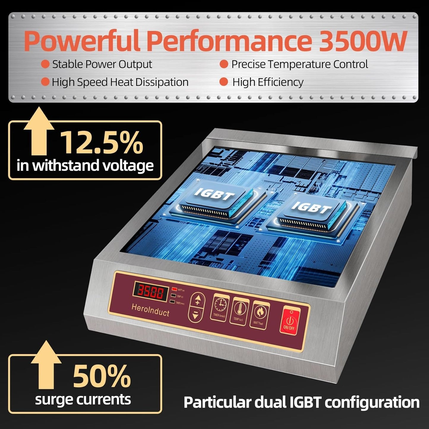 Portable Induction Cooktop 208-240V 3500W Commercial Range Countertop Burner Dual IGBT Modules 8 Heating Level Timer Sensor Push-Button Premium Stainless Steel Housing Ceramic Glass（Red）