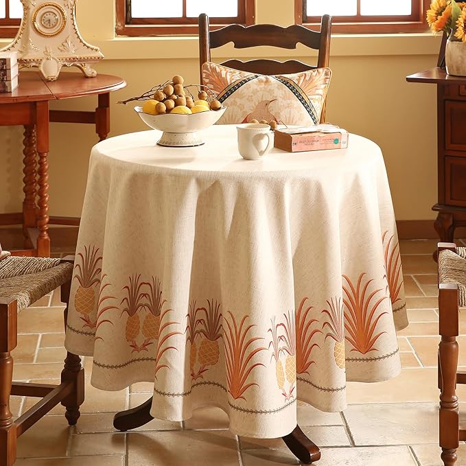 patdrea Designer Orange Tablecloth for Round Tables,Pineapple Tree Pattern Linen Tablecloth,Tropical Style Fruit Table Cover Cloth Decor for Kitchen Dining Christmas,Diameter 55"