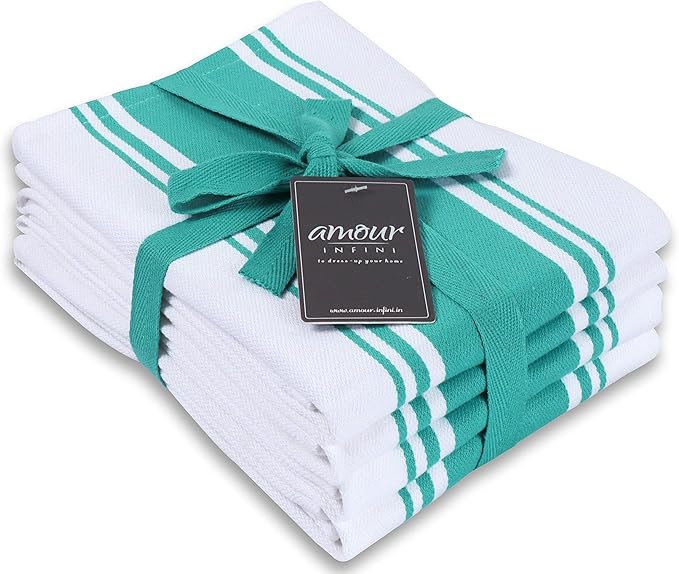 AMOUR INFINI Cotton Kitchen Towels - Set of 4 Highly Absorbent, Ultra Tea Towel with Hanging Loop, 20x28 Inch Quick Drying Dish Cloths for Cleaning Dishes (Turquoise)